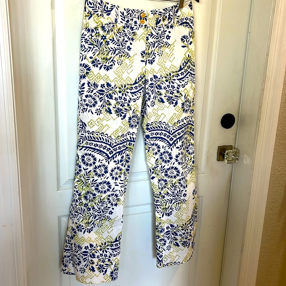 Wide Leg Floral Print Pants in White, Navy & Lime - Women